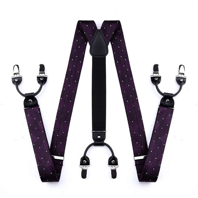 Plaid Dot Suspender Bow Tie Handkerchief Purple