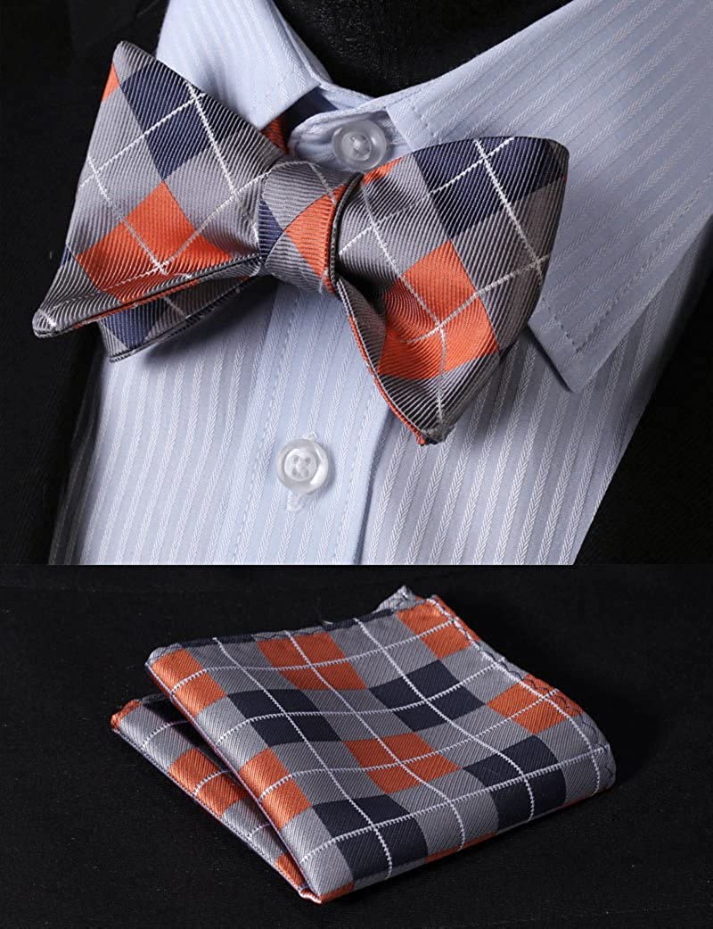 Plaid Suspender Bow Tie Handkerchief Orange Silver