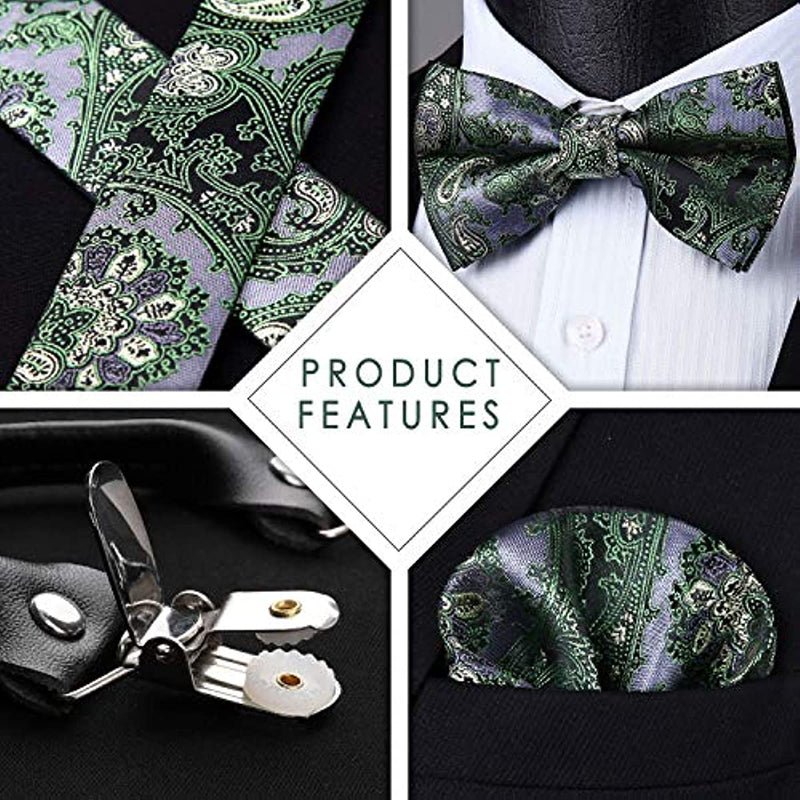 Paisley Floral Suspender Pre-Tied Bow Tie Handkerchief - D8-GREEN /GRAY