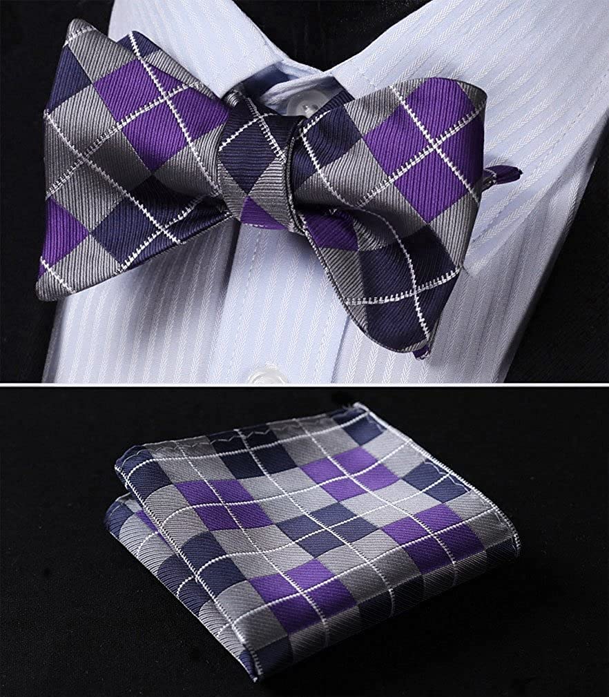 Plaid Suspender Pre Tied Bow Tie Handkerchief Purple Gray