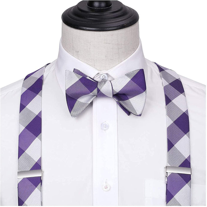 Plaid Suspender Bow Tie Handkerchief Purple White