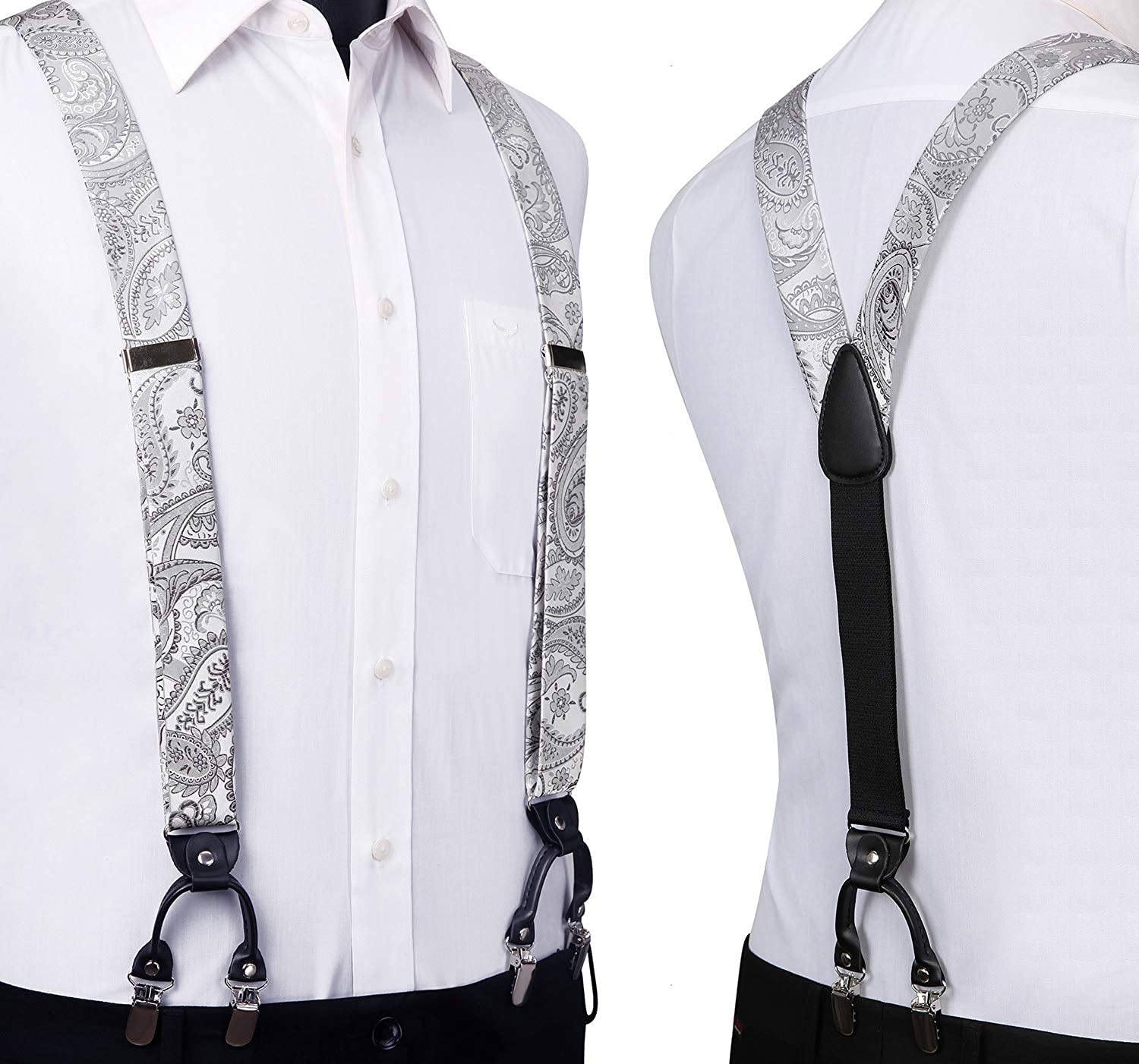 Floral Paisley Suspender Pre Tied Bow Tie Handkerchief B1 Silver Gray