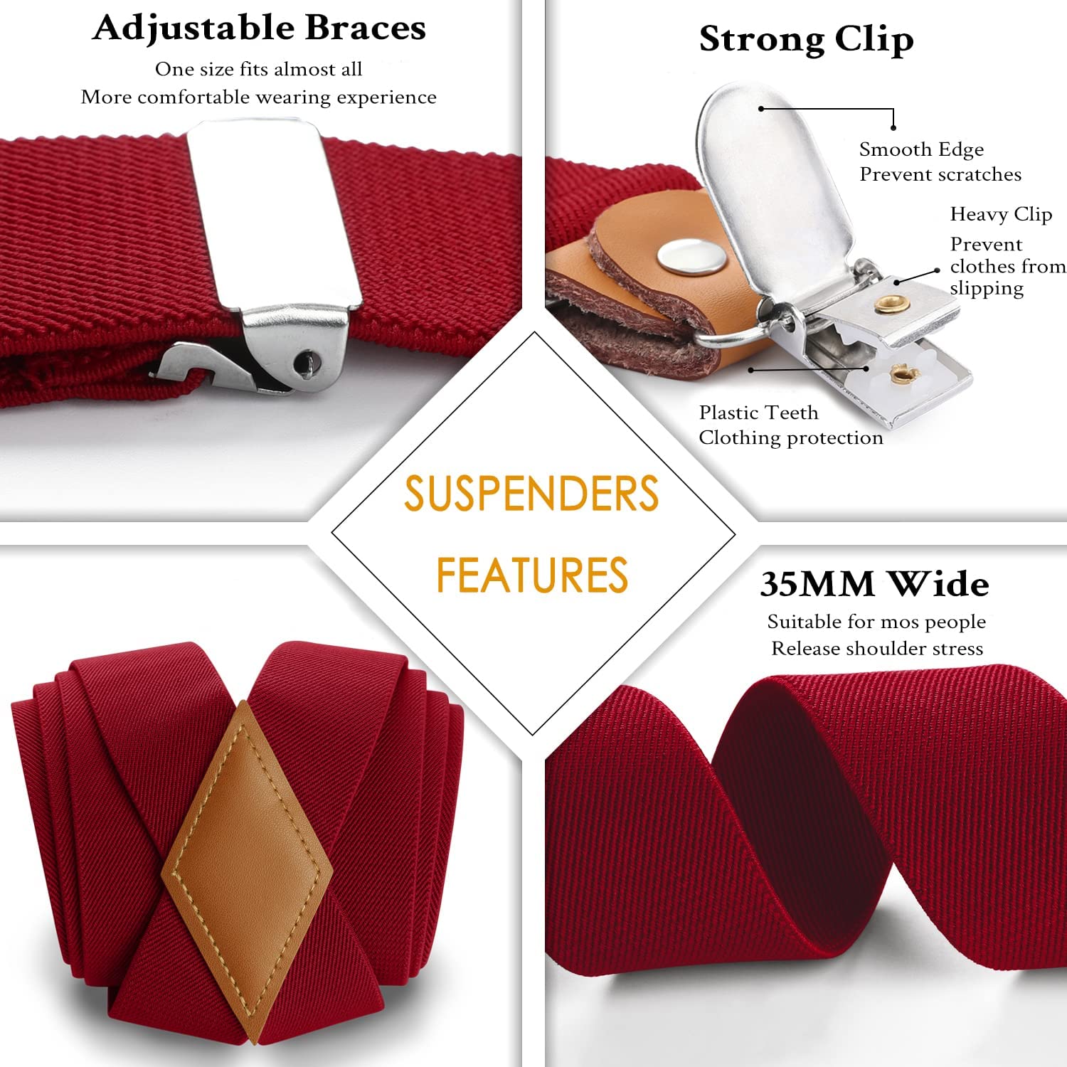 X Shaped Adjustable Suspender With 4 Clips Red 2