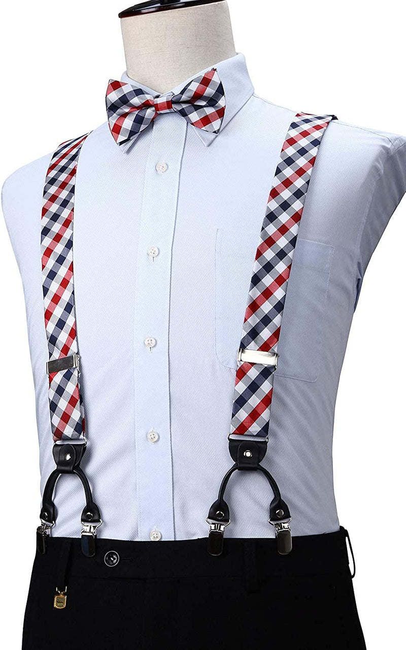 Plaid Suspender Bow Tie Handkerchief Red White Blue