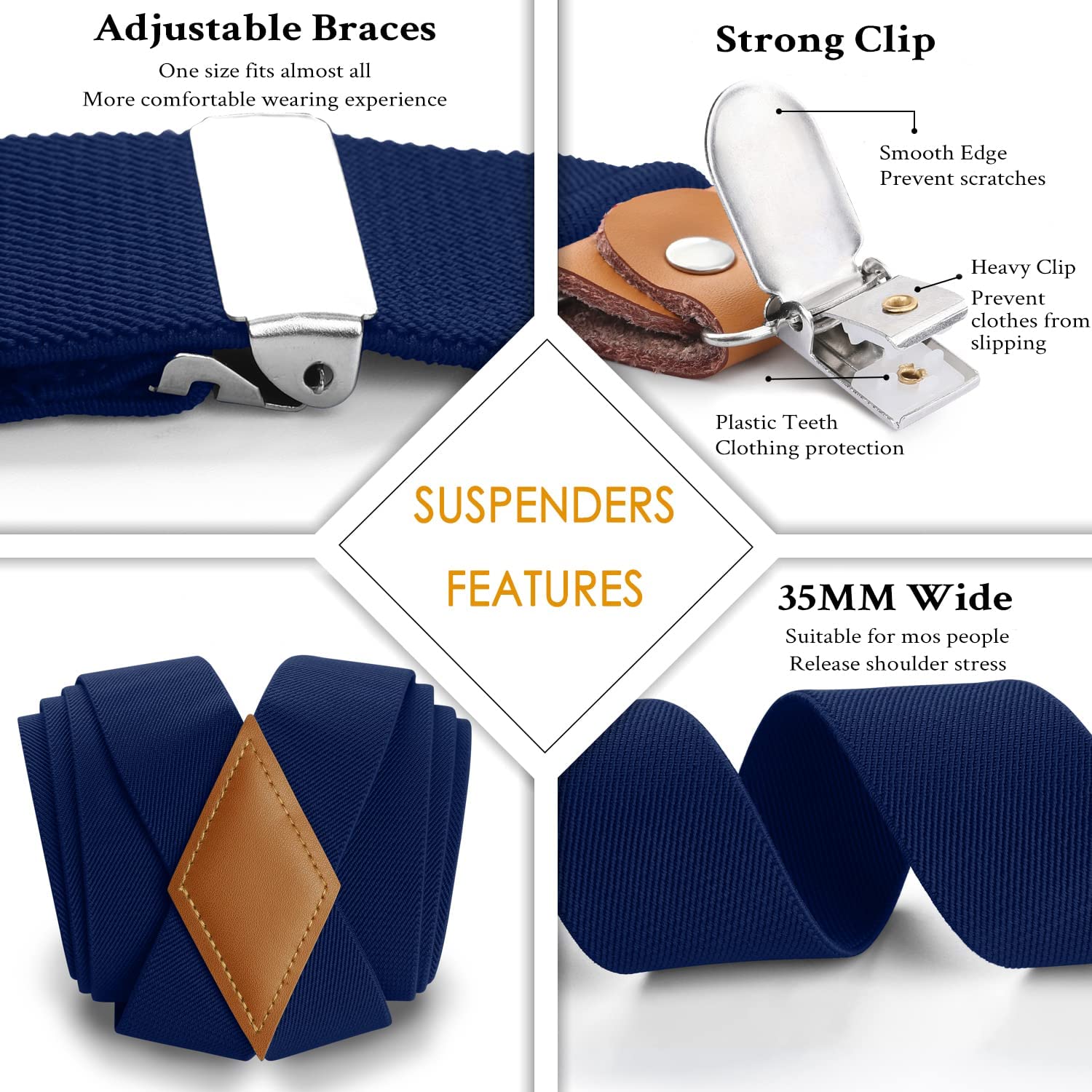 X Shaped Adjustable Suspender With 4 Clips Navy Blue