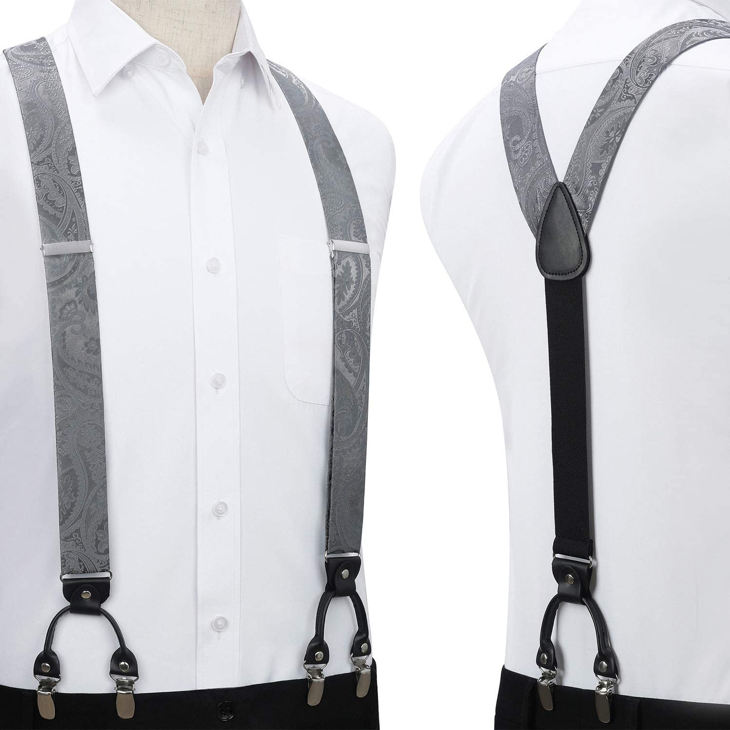 Floral Paisley Suspender Pre Tied Bow Tie Handkerchief C16 Gray