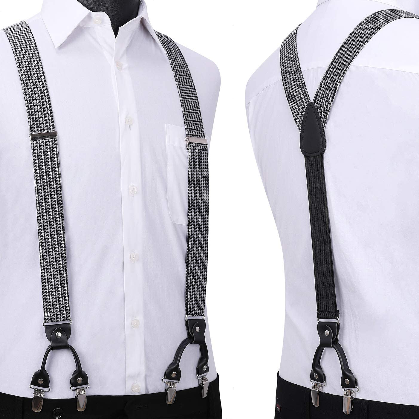 Plaid Suspender Pre Tied Bow Tie Handkerchief D7 Black White