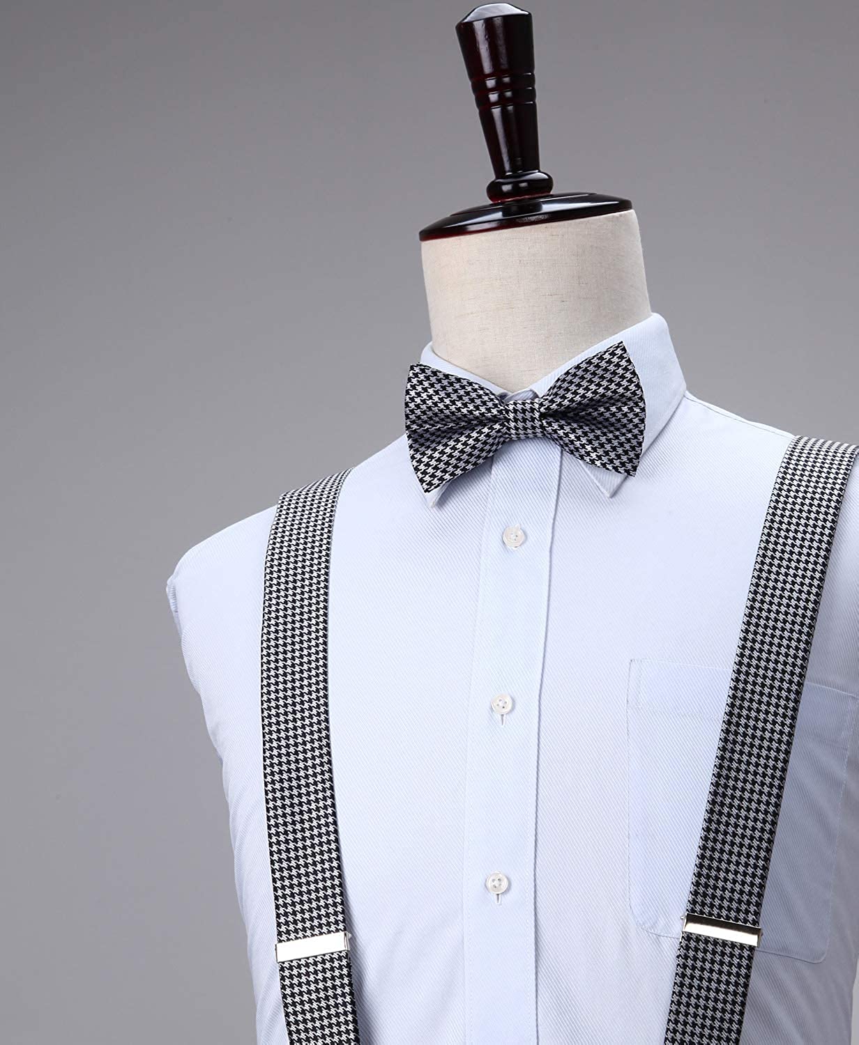 Plaid Suspender Pre Tied Bow Tie Handkerchief D7 Black White