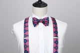 Plaid Suspender Bow Tie Handkerchief Hot Pink Blue