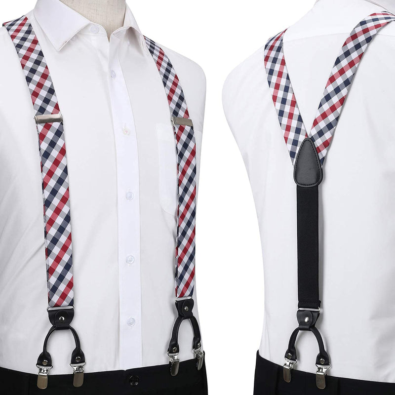 Plaid Suspender Bow Tie Handkerchief Red White Blue
