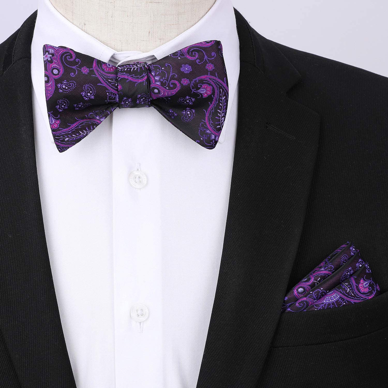 Paisley Floral Suspender Bow Tie Handkerchief - PURPLE/BLACK