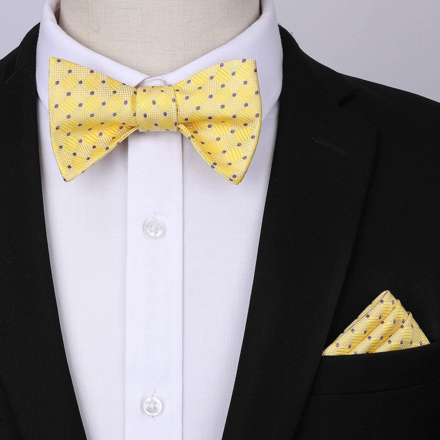 Plaid Suspender Bow Tie Handkerchief Yellow Purple Dot