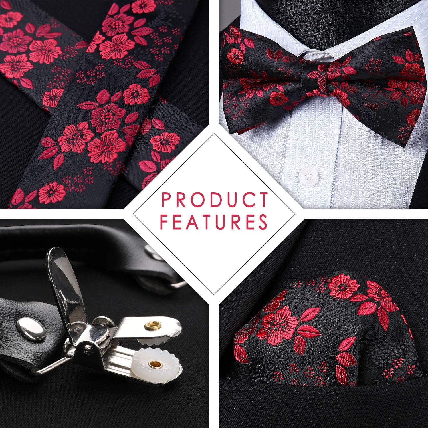 Floral Paisley Suspender Pre Tied Bow Tie Handkerchief A4 Red Black