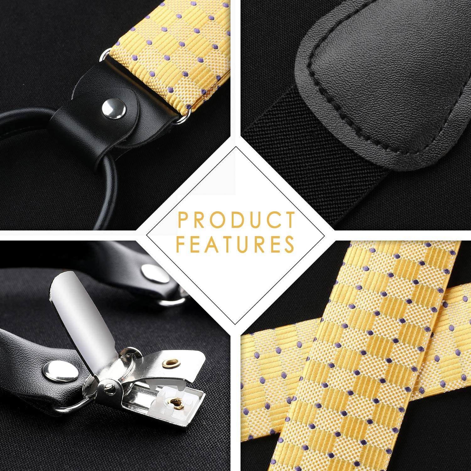 Plaid Suspender Bow Tie Handkerchief Yellow Purple Dot