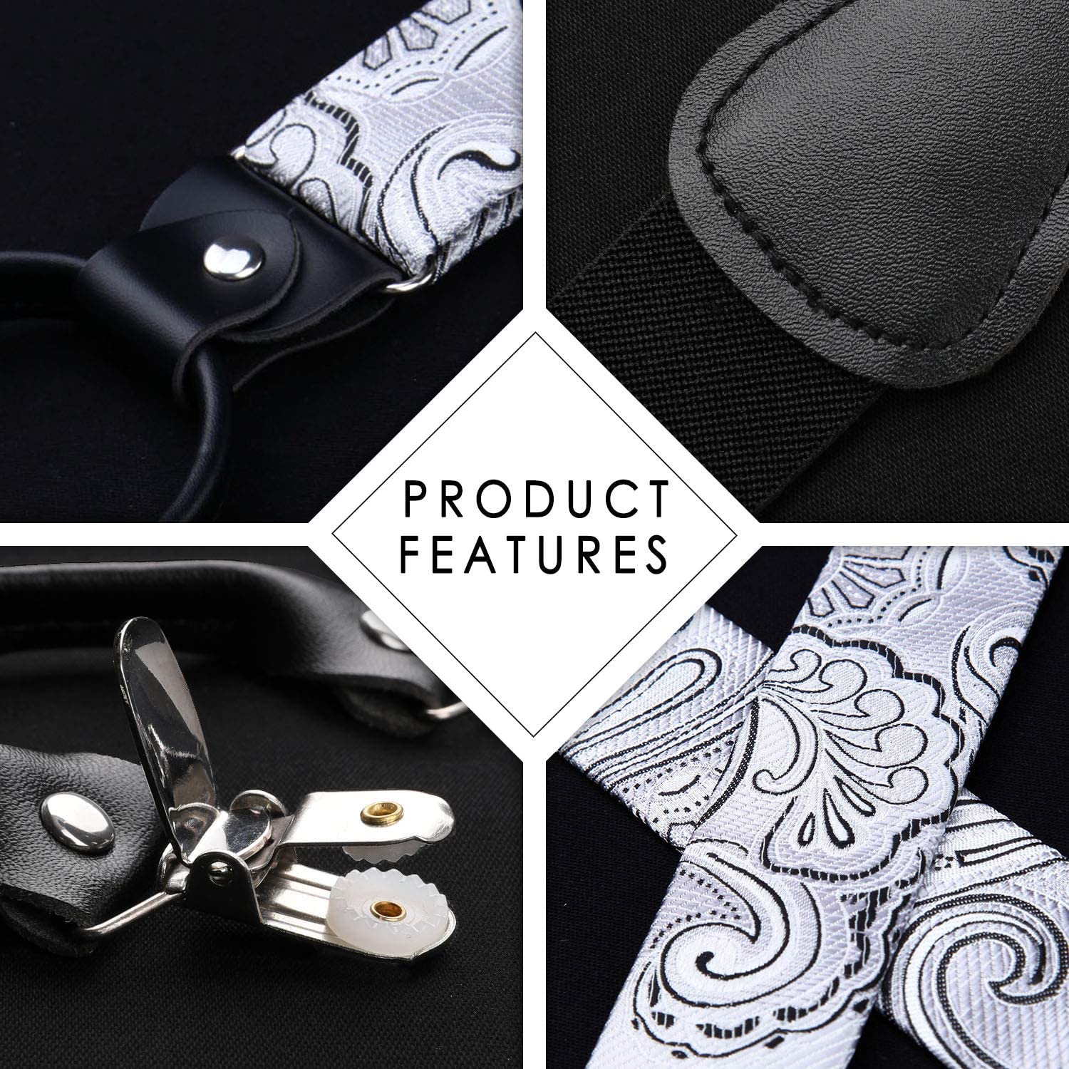 Paisley Floral Suspender Bow Tie Handkerchief - SILVER/BLACK