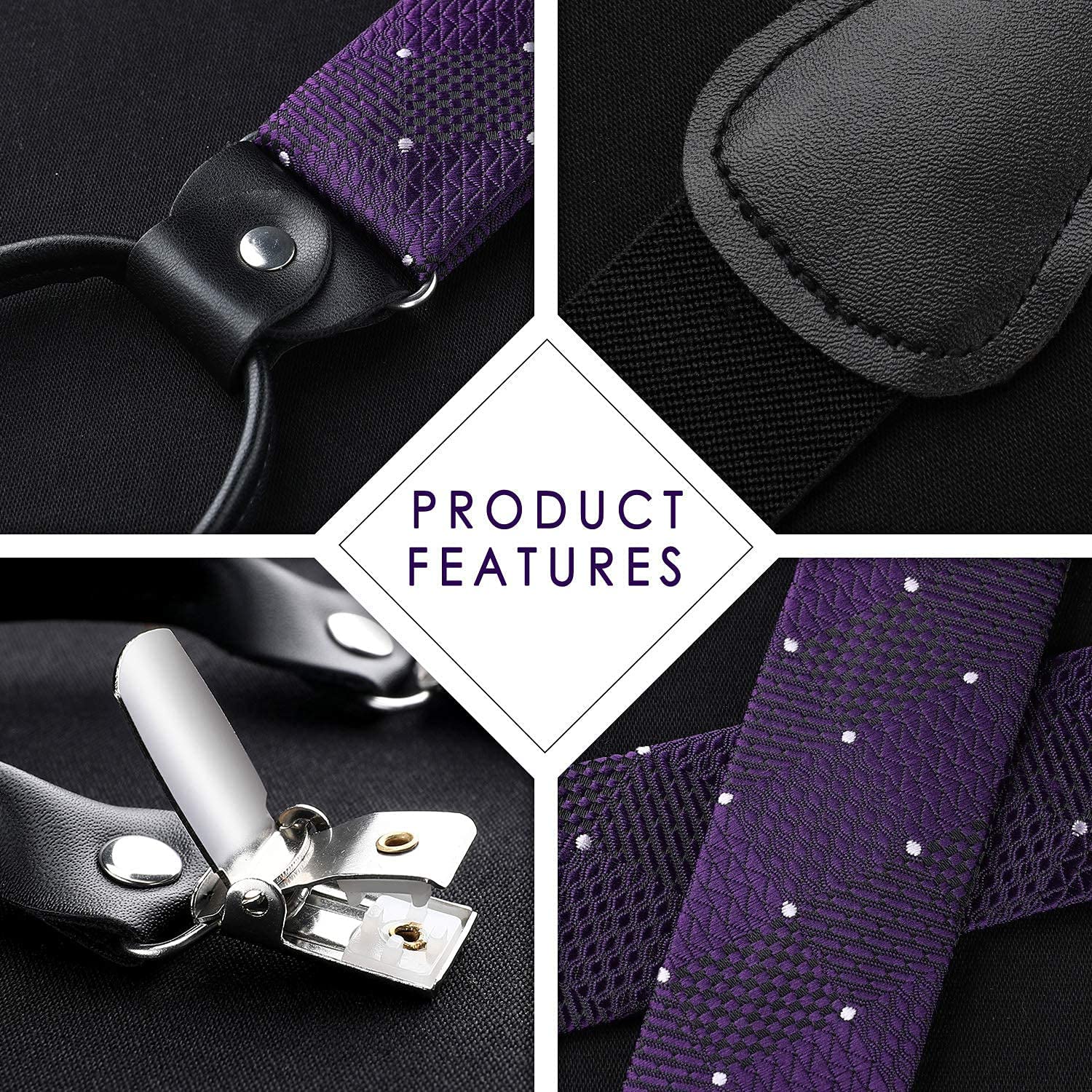 Plaid Dot Suspender Bow Tie Handkerchief Purple