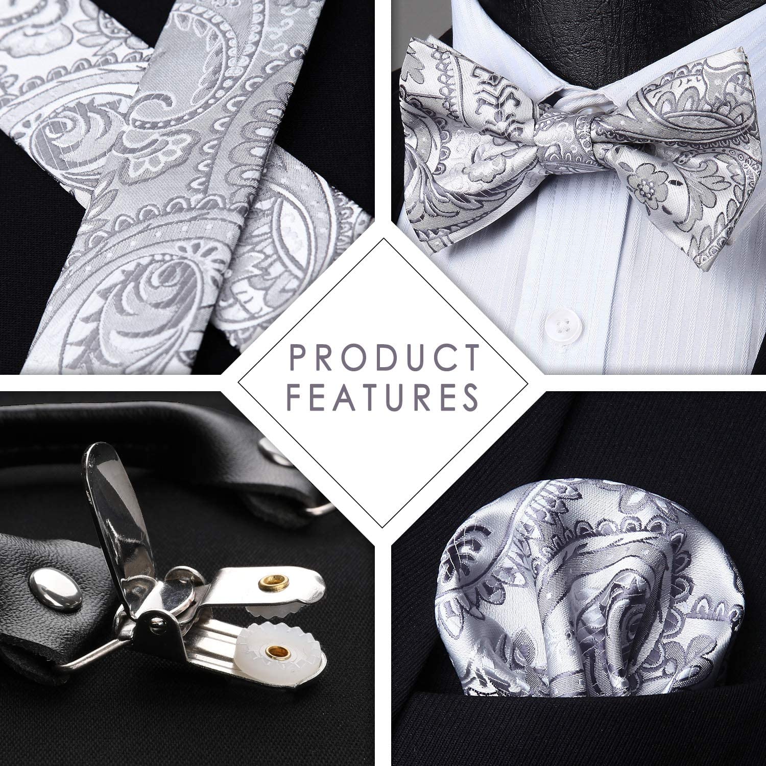 Floral Paisley Suspender Pre Tied Bow Tie Handkerchief B1 Silver Gray