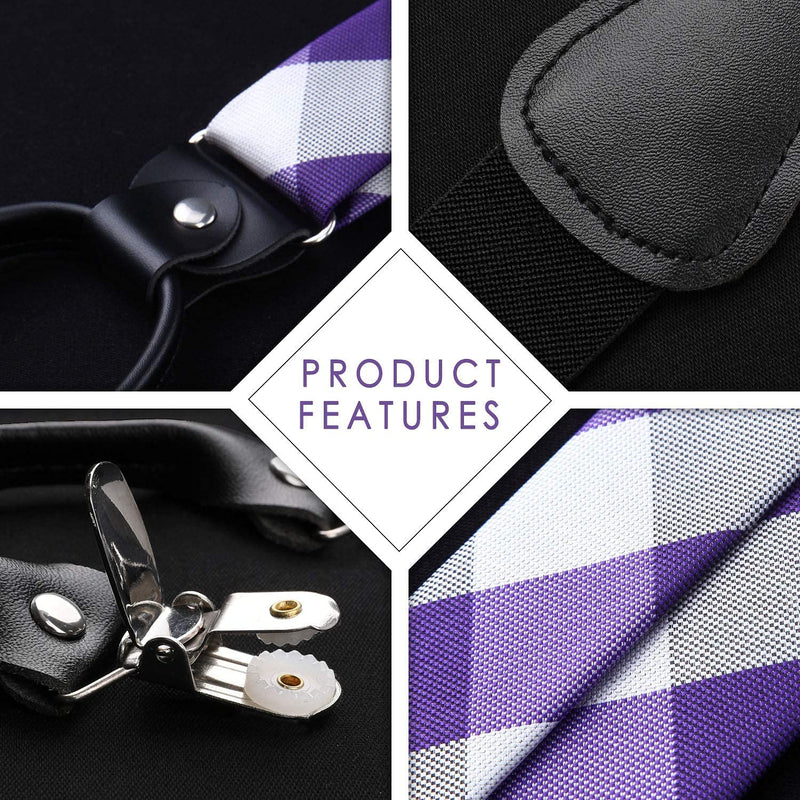 Plaid Suspender Bow Tie Handkerchief Purple White