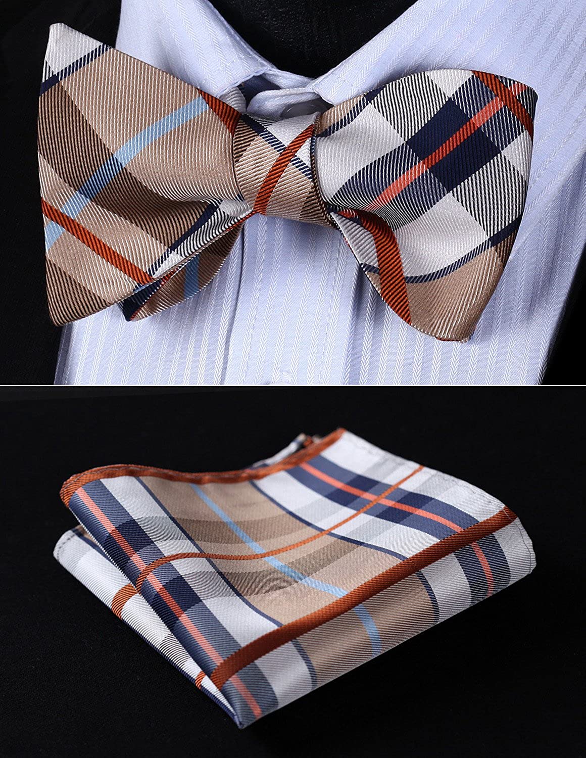 Plaid Suspender Bow Tie Handkerchief Khaki White