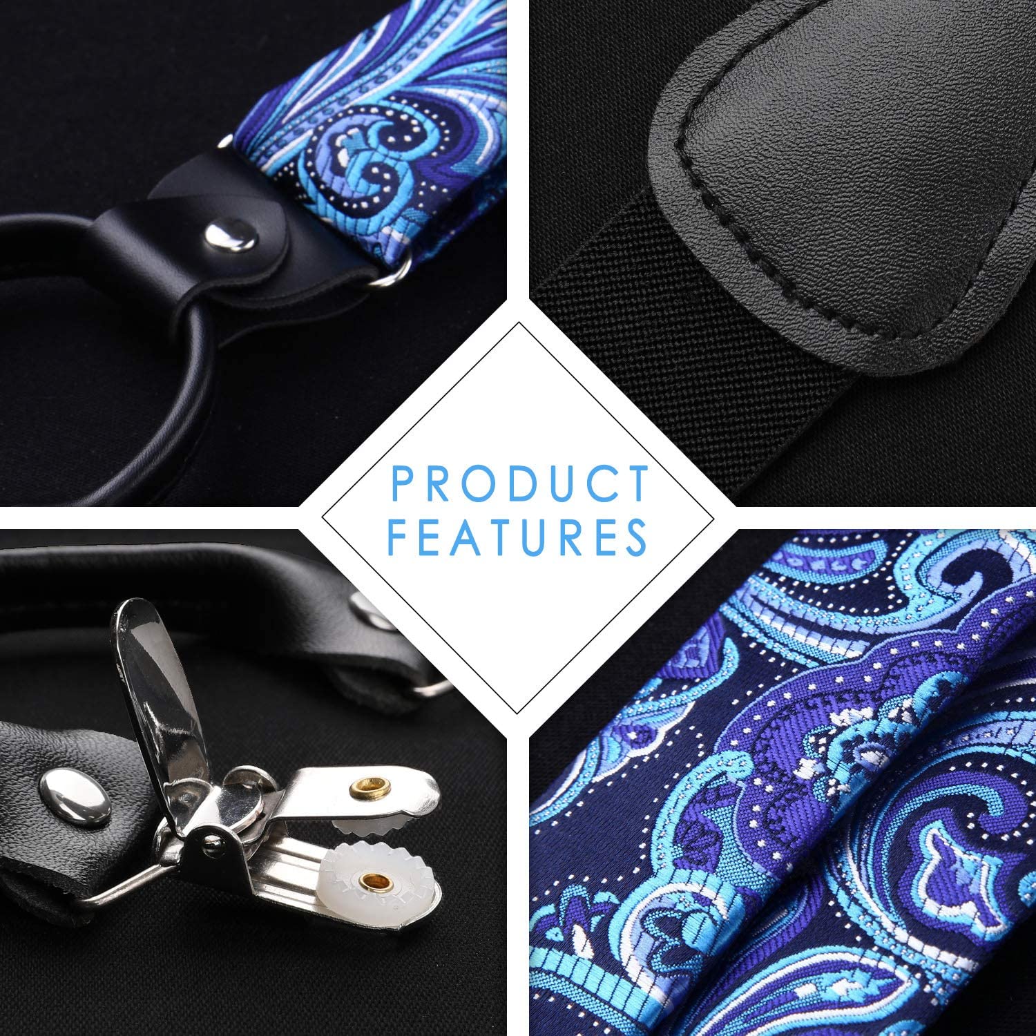 Floral Paisley Suspender Pre Tied Bow Tie Handkerchief B10 Blue White