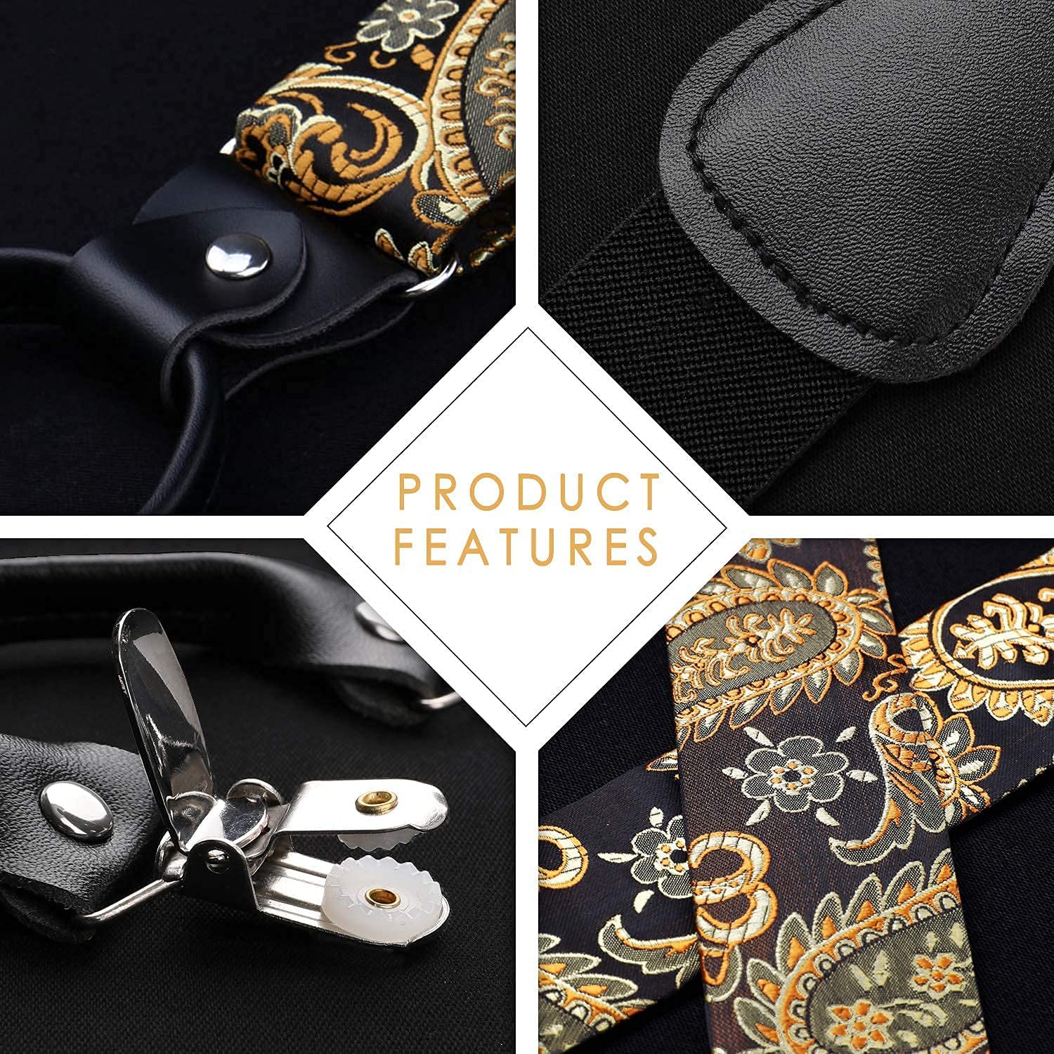 Floral Paisley Suspender Bow Tie Handkerchief 1 Gold Brown