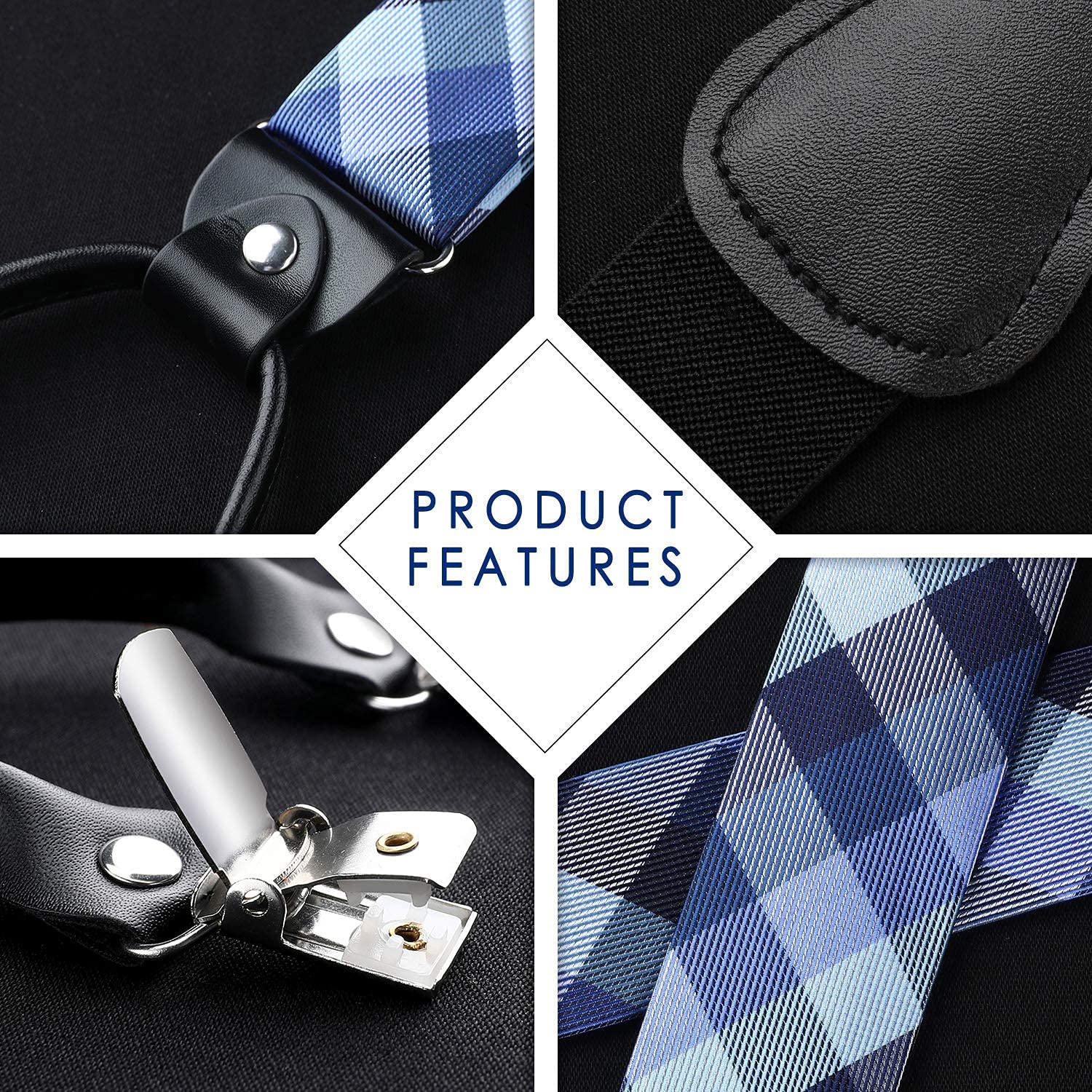 Plaid Suspender Bow Tie Handkerchief 02 Steel Blue Gray