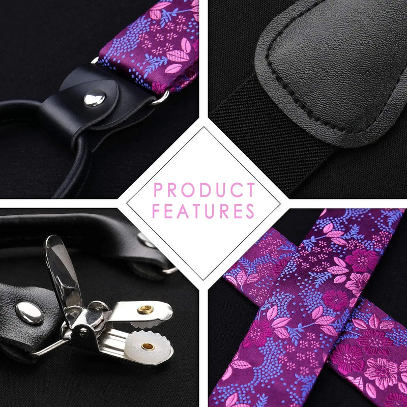 Floral Paisley Suspender Bow Tie Handkerchief 8 Purple Pink
