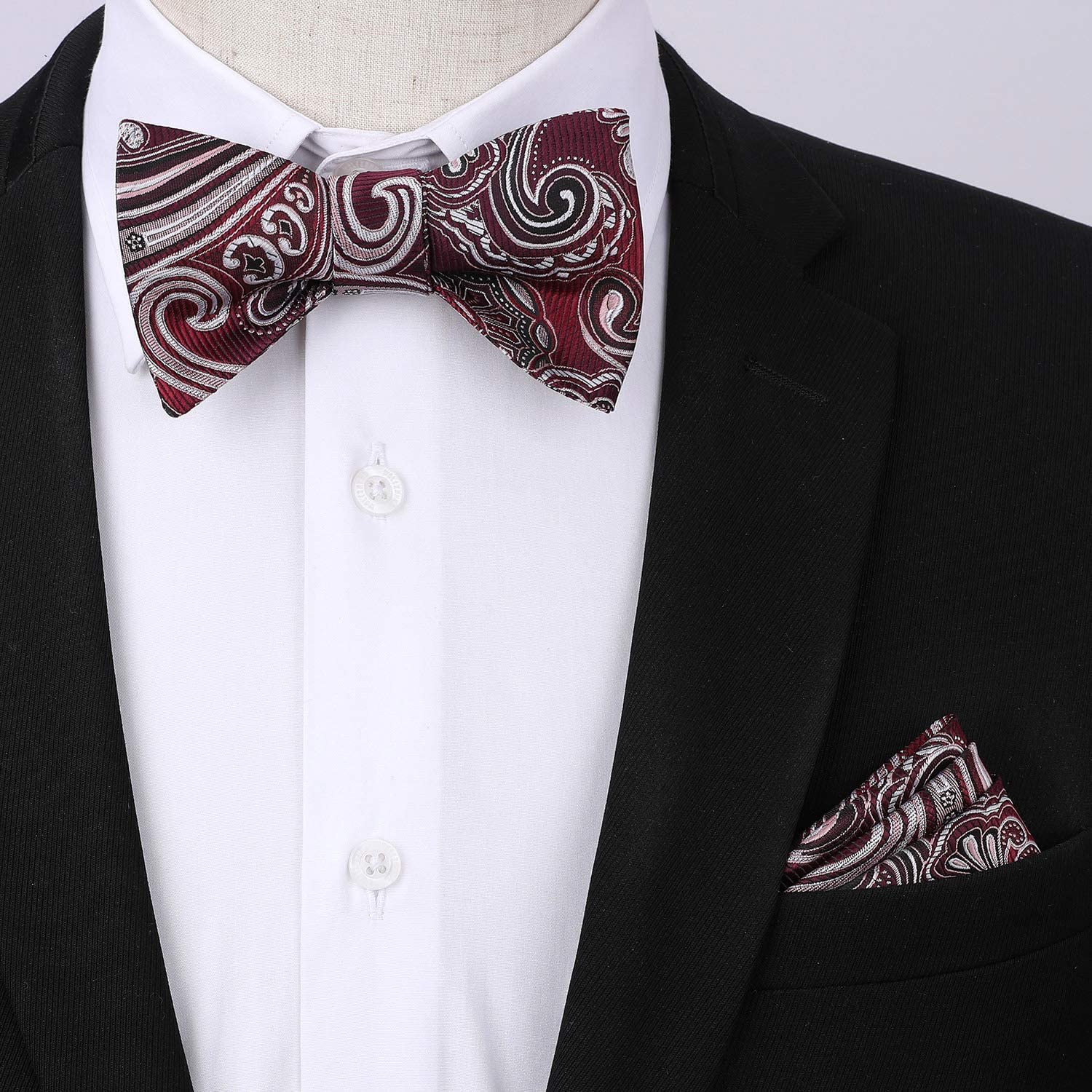 Paisley Floral Suspender Bow Tie Handkerchief - 3-RED/BURGUNDY/SILVER