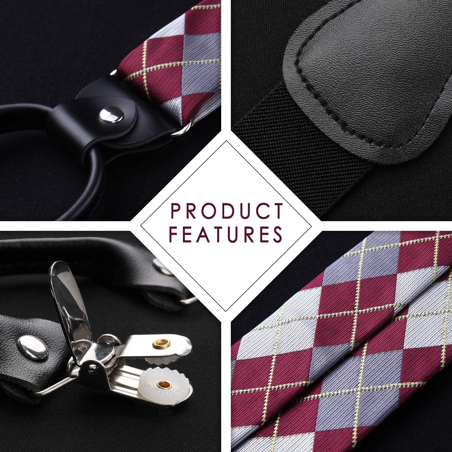 Plaid Suspender Pre Tied Bow Tie Handkerchief B11 Red