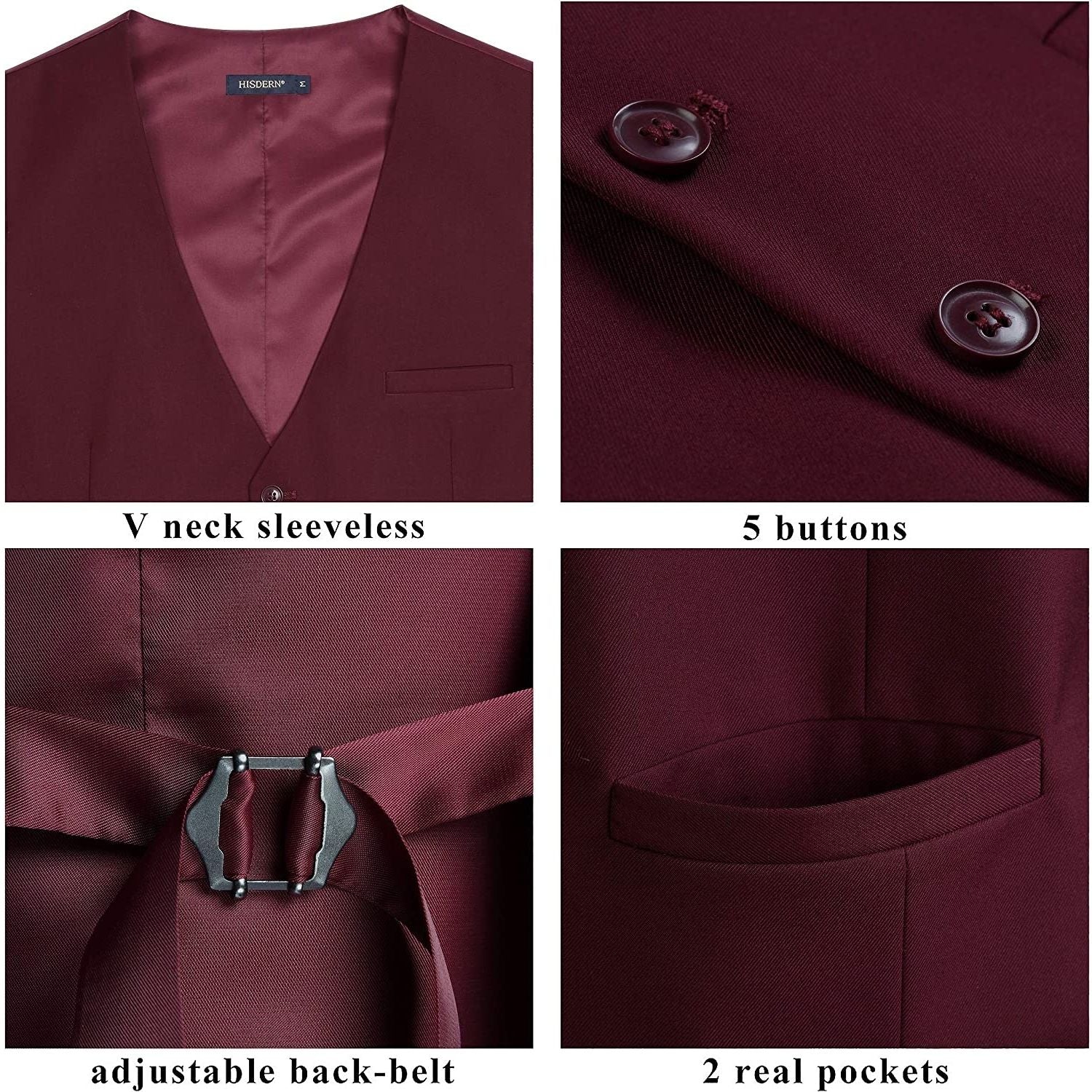 Solid 3Pc Suit Vest Set Burgundy 2