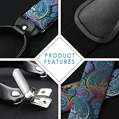Floral Paisley Suspender Bow Tie Handkerchief 2 Blue Green Gold