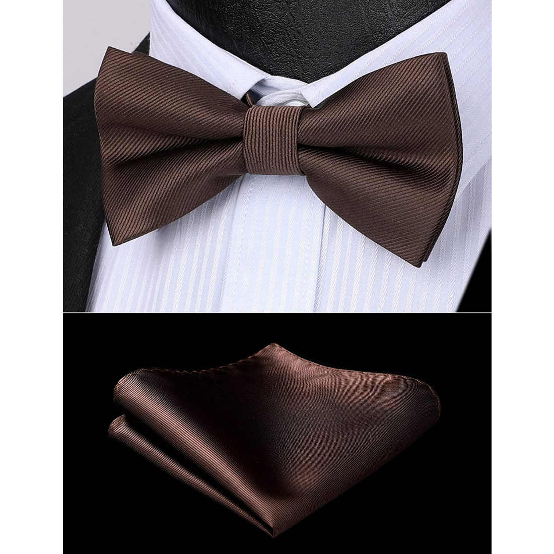 Solid Pre-Tied Bow Tie & Pocket Square - A-BROWN