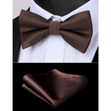 Solid Pre-Tied Bow Tie & Pocket Square - A-BROWN
