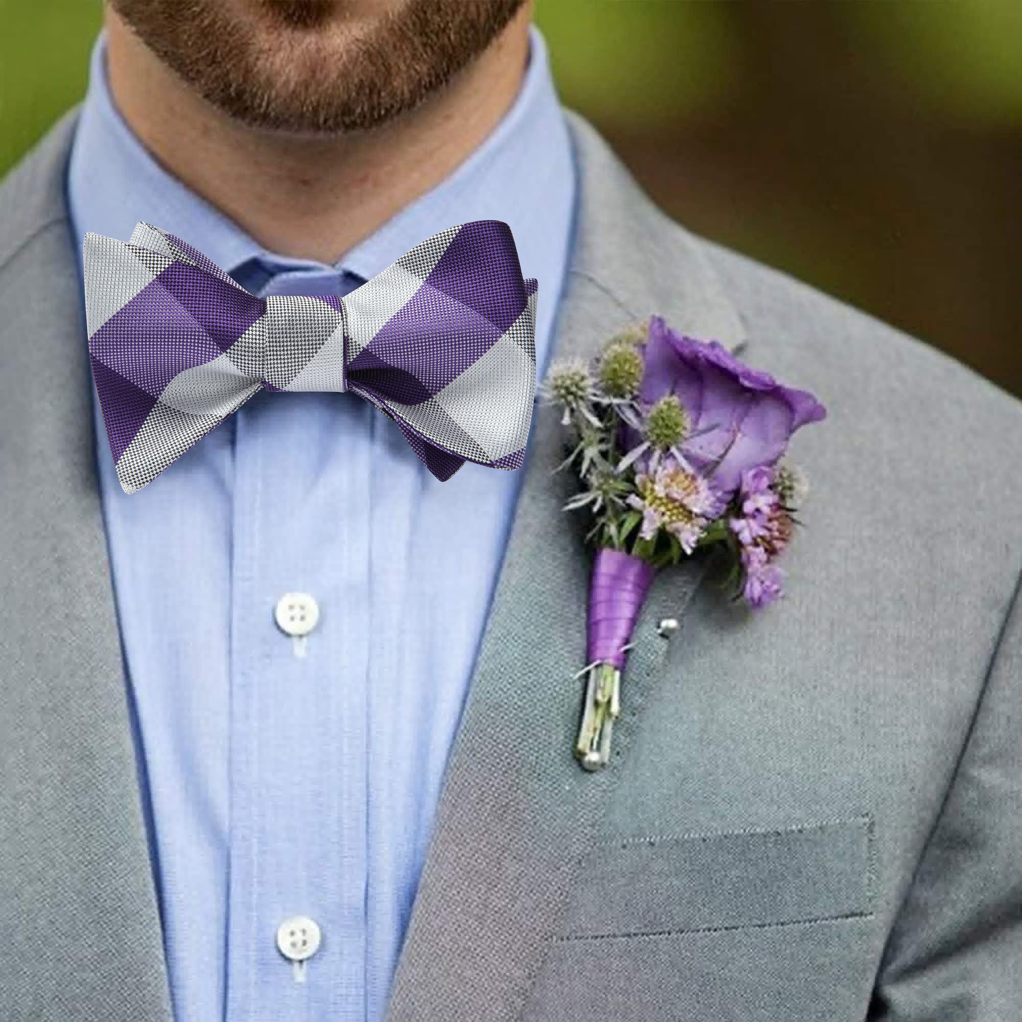 Plaid Bow Tie & Pocket Square Sets - E-PURPLE/WHITE