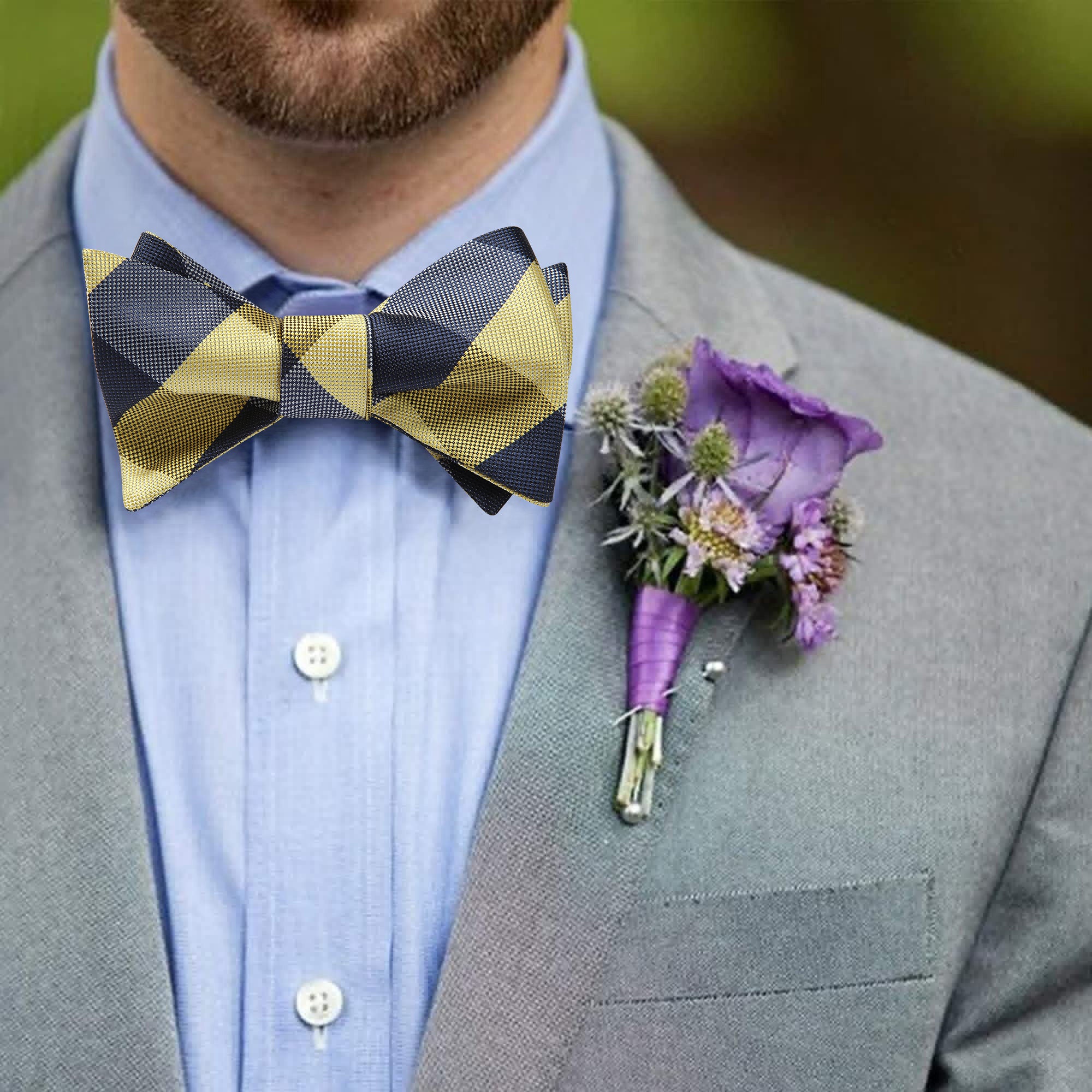 Plaid Bow Tie & Pocket Square Sets - E-NAVY BLUE/YELLOW