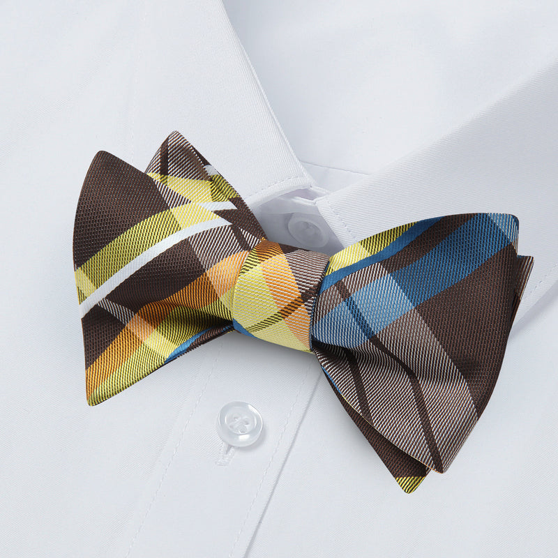 Plaid Bow Tie & Pocket Square Sets - B-YELLOW/BROWN