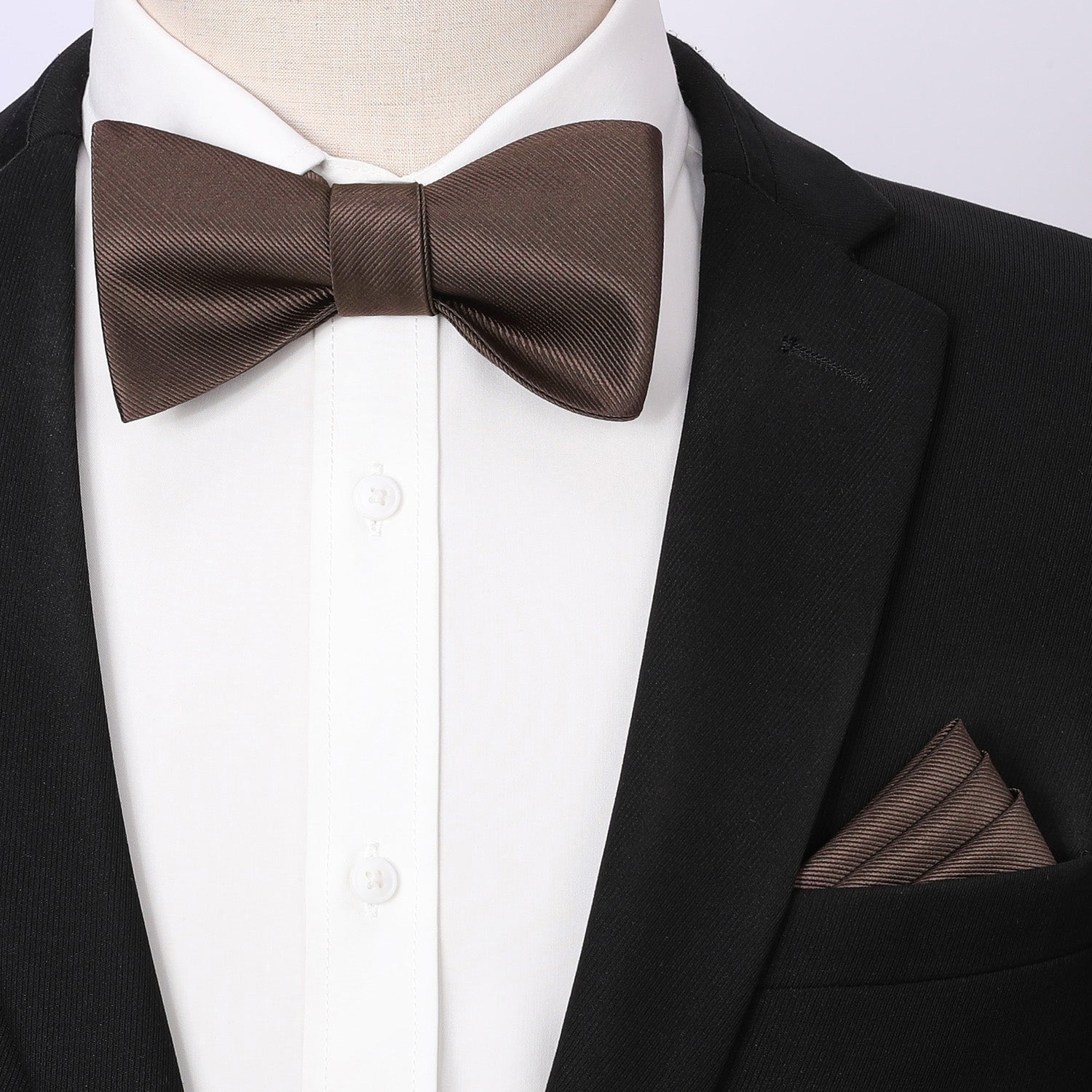 Solid Bow Tie & Pocket Square - H1-BROWN