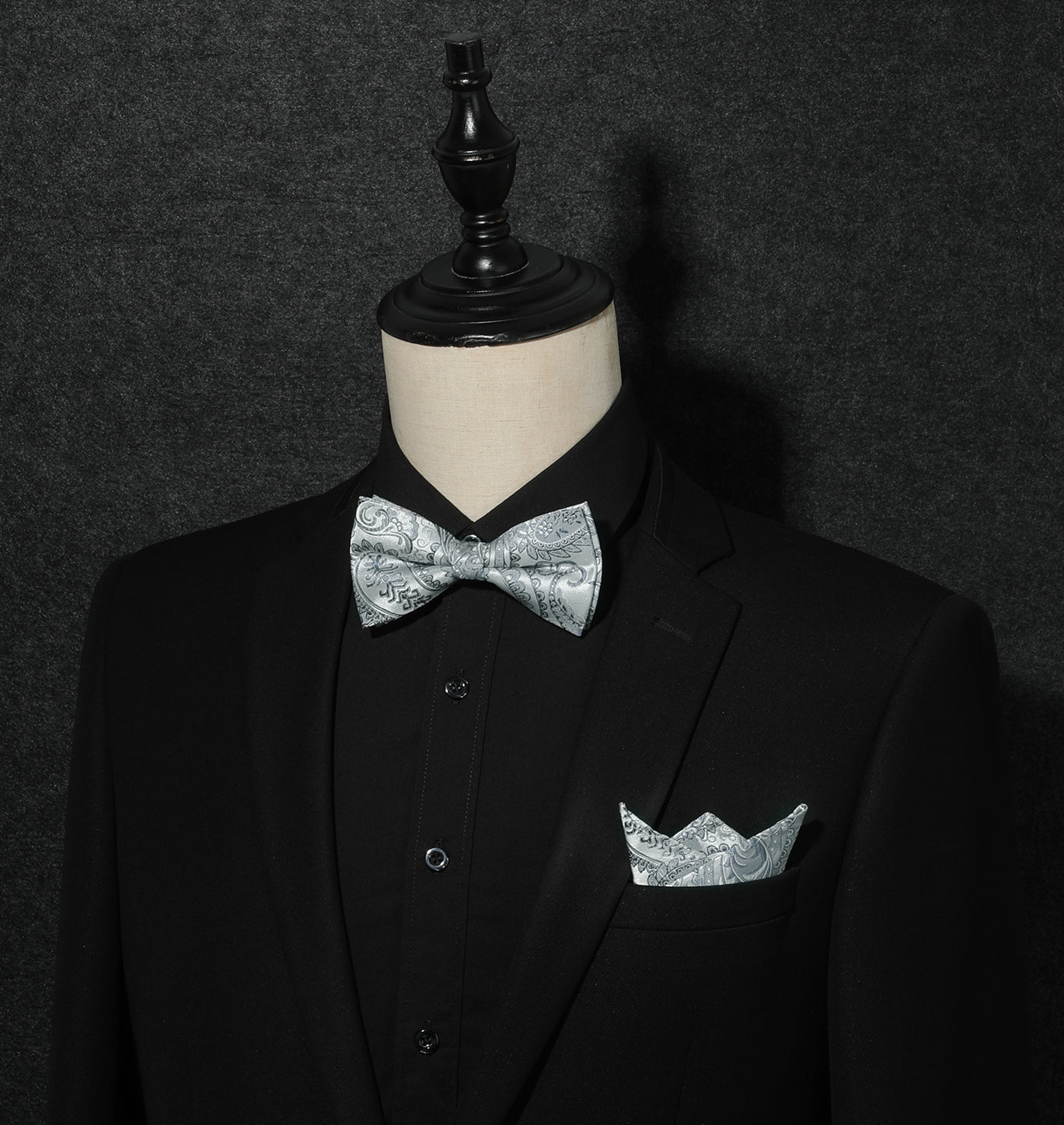 Paisley Pre-Tied Bow Tie & Pocket Square - B-GREY 1