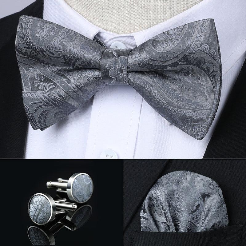 Paisley Pre-Tied Bow Tie & Pocket Square - GREY 2