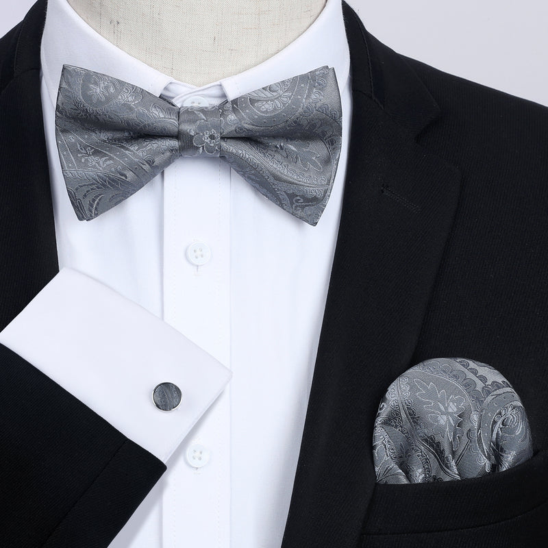 Paisley Pre-Tied Bow Tie & Pocket Square - GREY 2