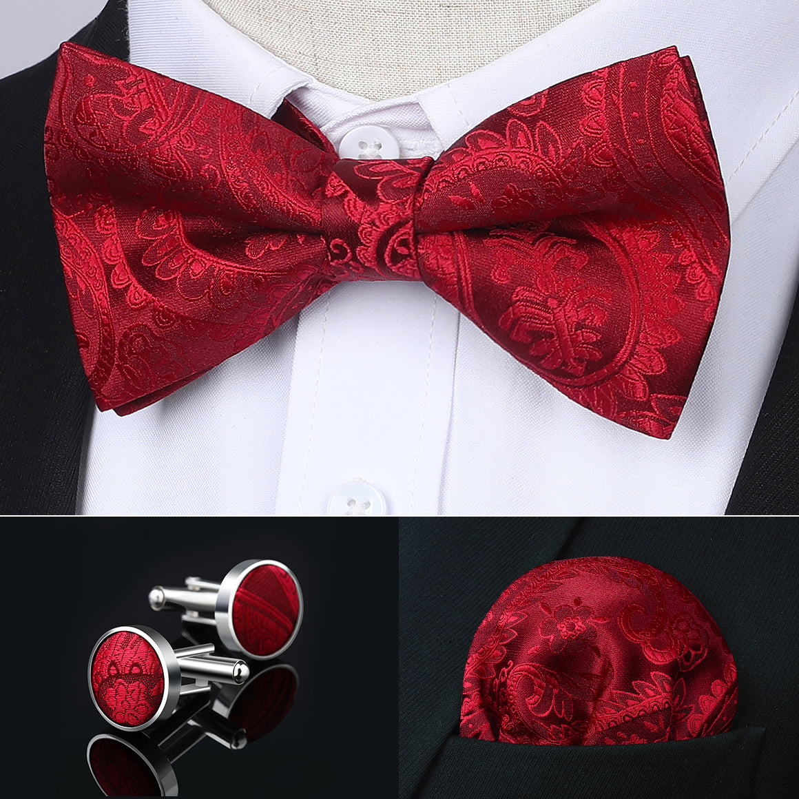 Paisley Pre-Tied Bow Tie & Pocket Square - RED