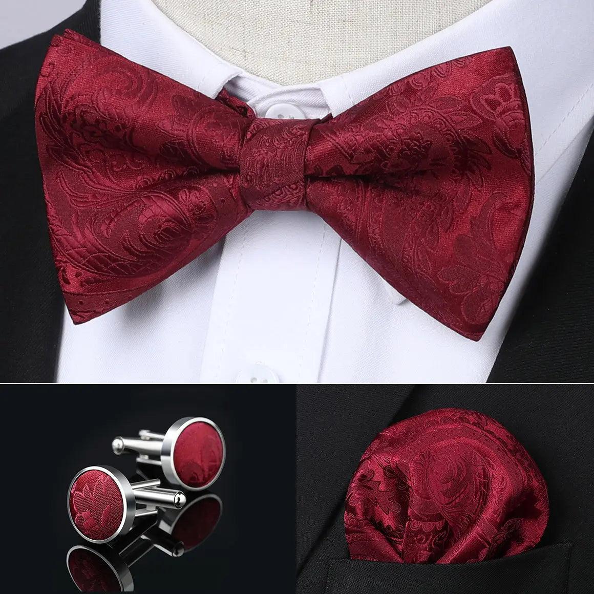 Paisley Pre-Tied Bow Tie Pocket Square Cufflinks - BURGUNDY