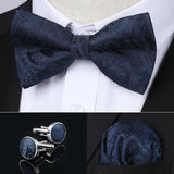 Paisley Pre-Tied Bow Tie & Pocket Square - A01 - NAVY BLUE