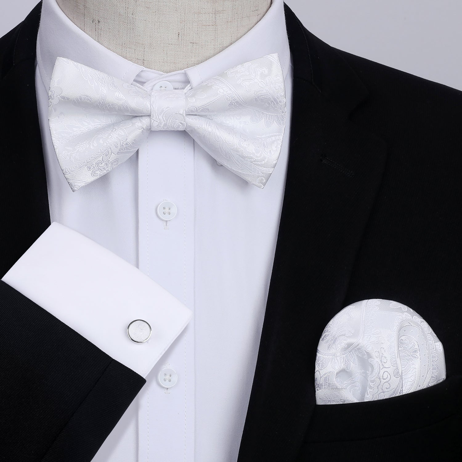 Paisley Pre-Tied Bow Tie & Pocket Square - WHITE