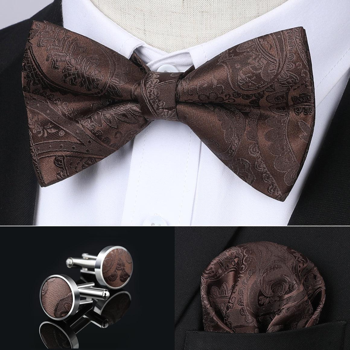 Paisley Pre-Tied Bow Tie & Pocket Square - BLACK/RED - BROWN