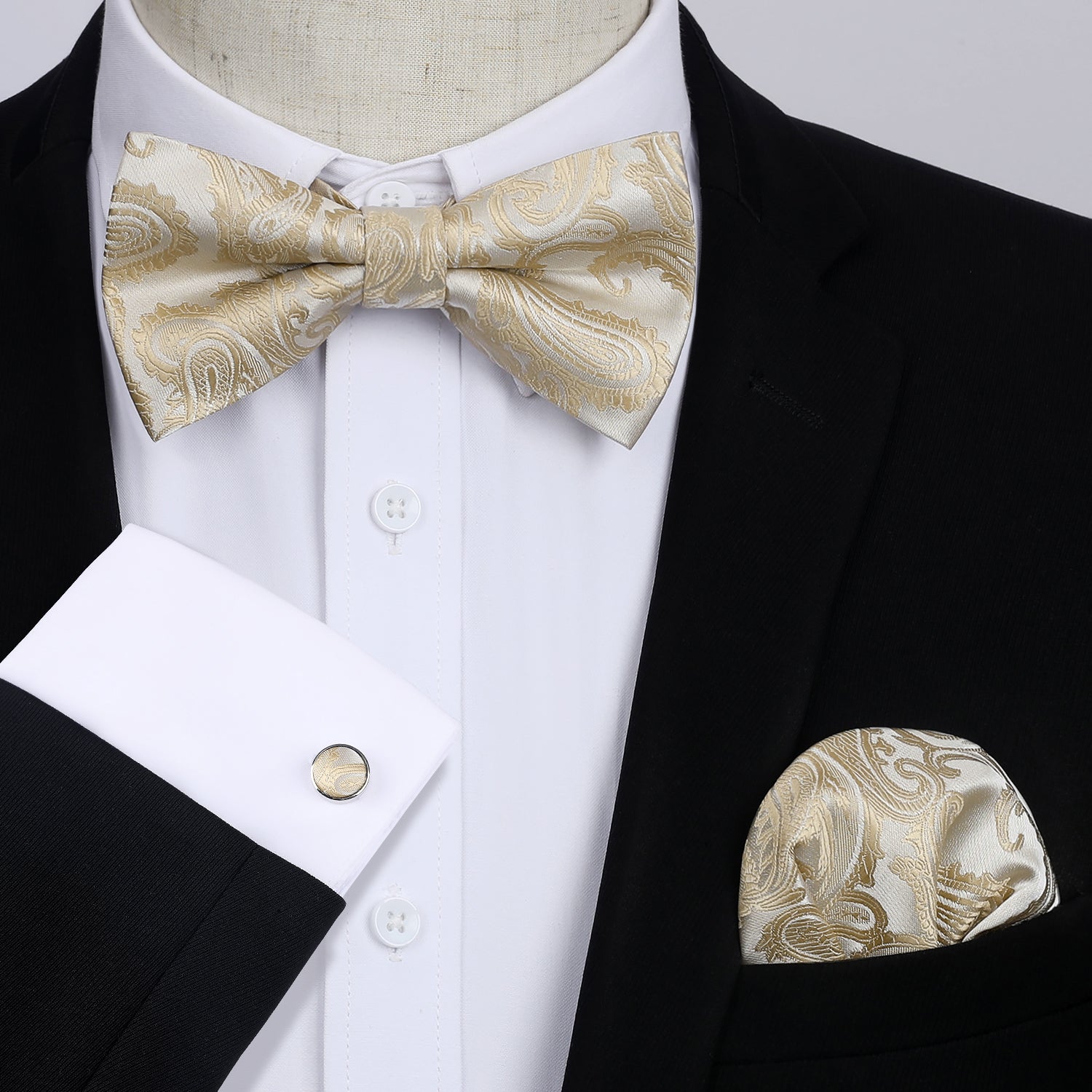 Floral Paisley Pre-Tied Bow Tie & Pocket Square Sets - 1-CHAMPAGNE