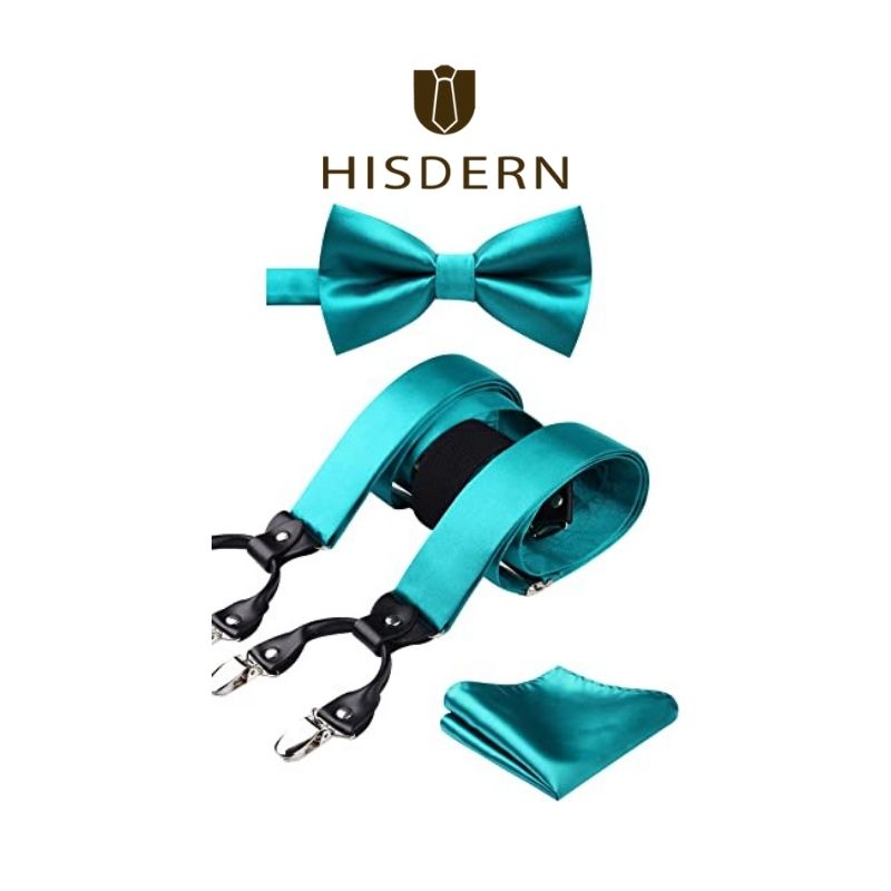 Solid Suspender Pre-Tied Bow Tie Handkerchief - A5-AQUA