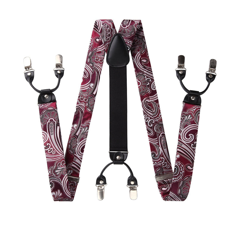 Paisley Floral Suspender Bow Tie Handkerchief - 3-RED/BURGUNDY/SILVER