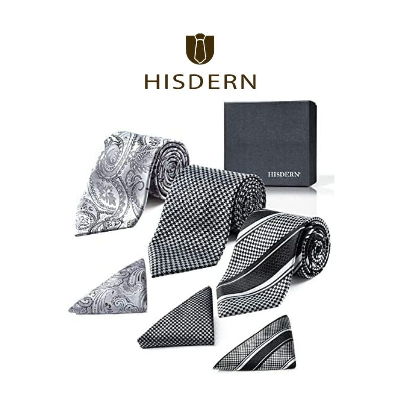 3PCS Extra Long Tie & Pocket Square Set - C-SILVER/GRAY/BLACK