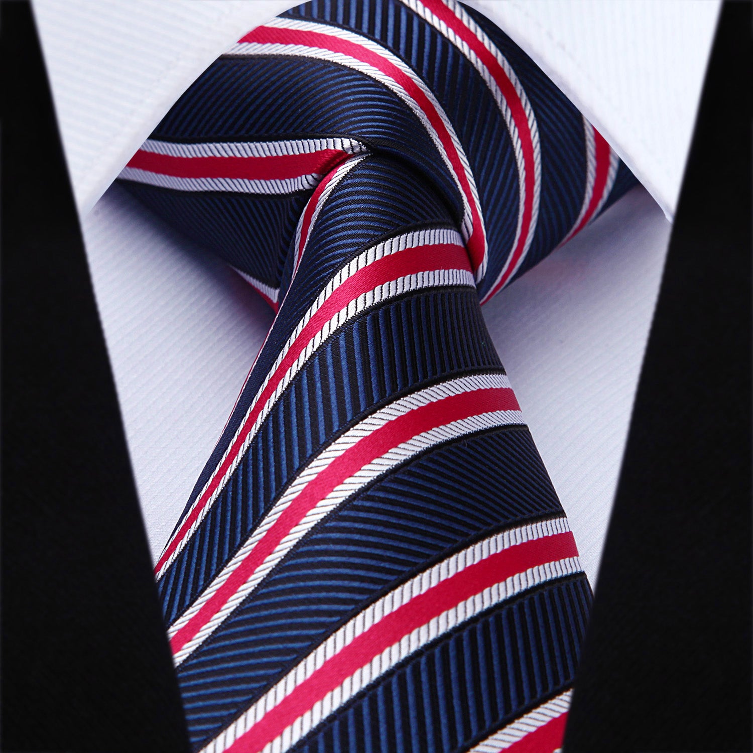 Stripe Tie Handkerchief Set - NAVY BLUE/RED